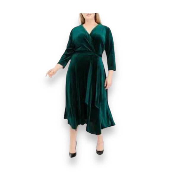 Maison Tara Womens Dress Velvet Pleated Wrap Midi Hunter Green Plus Size 24W - Picture 1 of 14